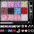 600 Pcs 3D Nail Charms and Flatback Pearls #4, 8 Colors Bow + Pink&White Star Heart Moon Cute Charms + 2-6mm White Pearls for Nail Art Design with Nail Charm Glue(UV Needed) and Pickup Tools