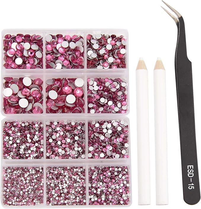 NCB 8000pcs Non Hotfix Rhinestones 10 Sizes Flatback Crystal Glass Rhinestones with Tweezers and Picking Pen for Nail Art Clothes Bags Phone Decorations Crafts DIY (024 Rose Mix SS3-SS30)