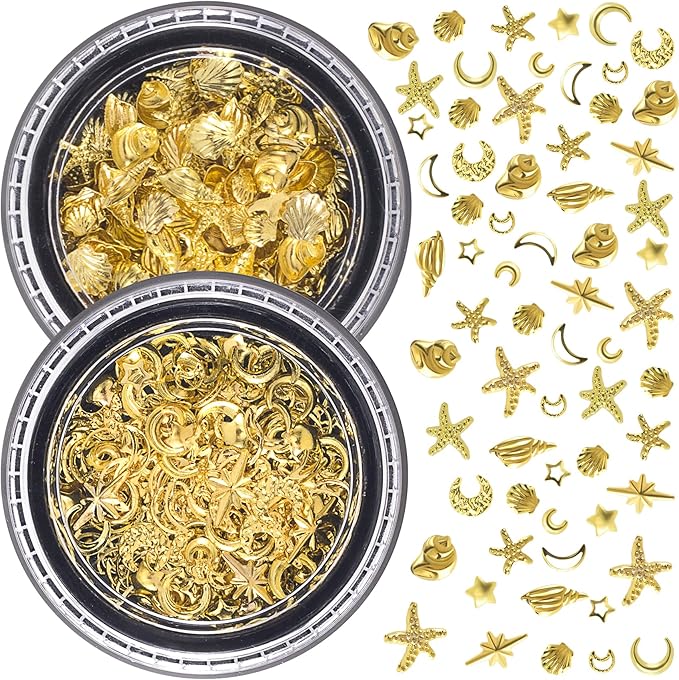 2 Disc Ocean Nail Art Charms, 3D Metal Star Nails Stickers, Beach Starfish Seashell Decals Manicure DIY Embellishments for Women- Gold