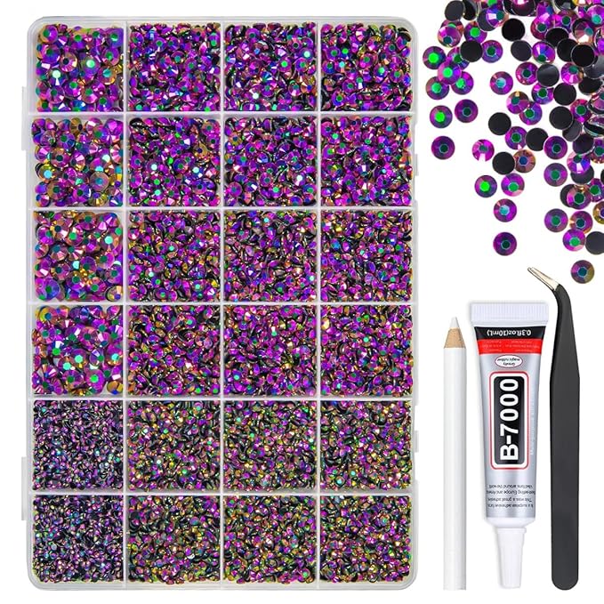 Vibrant Purple AB Resin Rhinestones w B7000 Glue for Bedazzling Crafting 2mm 3mm 4mm 5mm 6mm Flatback Jelly Stones Diamonds Gems Bedazzler Kit for Nails Face Eyes Makeup Tumblers Bottles Crafts