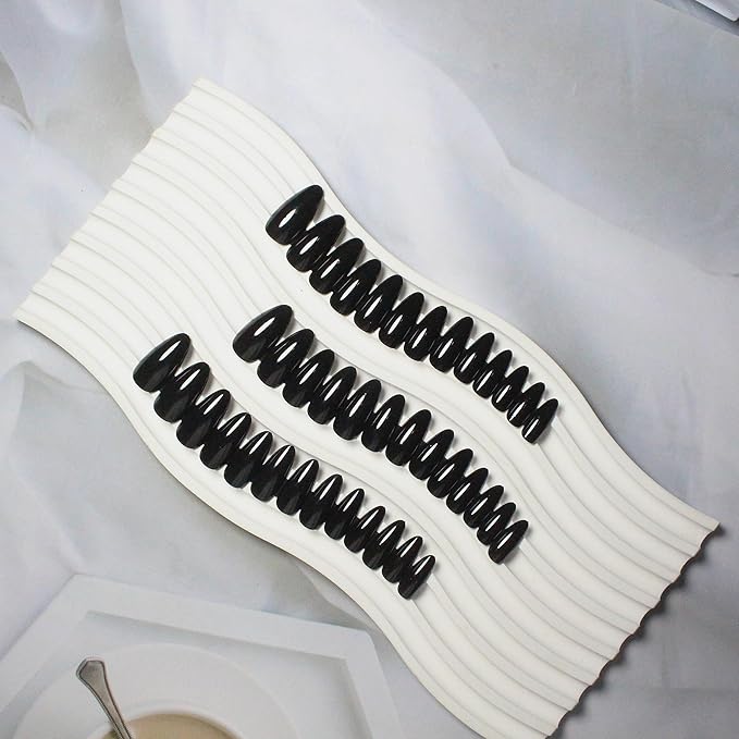 Black Press on Almond Shaped Nails - 48Pcs Neutral Thick Fake Nails for Women, Medium Length Reusable Acrylic Stiletto False Nails, Glue on Artificial Gel Nails