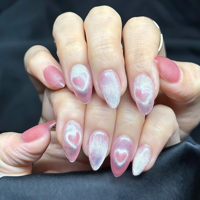 Press On Nails Short Almond Cat Eye Jelly Pink|The Heart will Sparkle as You Move.Reusable Soft Gel Nails in 15 Sizes -30 Nail Kit with Glue|Designed in L.A, Handmade in Vietnam| Whisper Heart