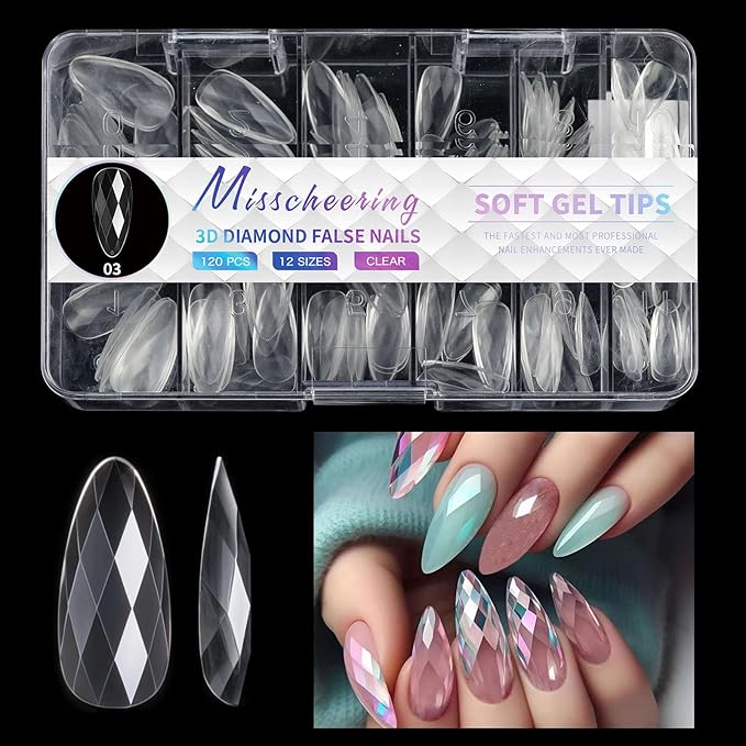 3D Diamond Shaped Polygel Nail, Extension Clear Full Cover False Nail Tips, Hybrid Gel Acrylic Nail, Diamond Fake Nails, 14 Sizes Building Artificial Press on Nail (style 3, 120pcs)