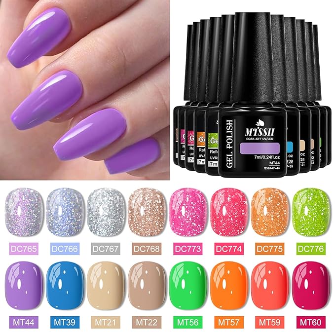 MTSSII Purple Blue Khaki Green Orange Red Gel Nail Polish 18 Pcs Set Silver Yellow Rose Red Pink Green Orange Glitter Gel Nail Polish with Base Gel Set Glitter Polish Kit for DIY Nail Art Women Gifts