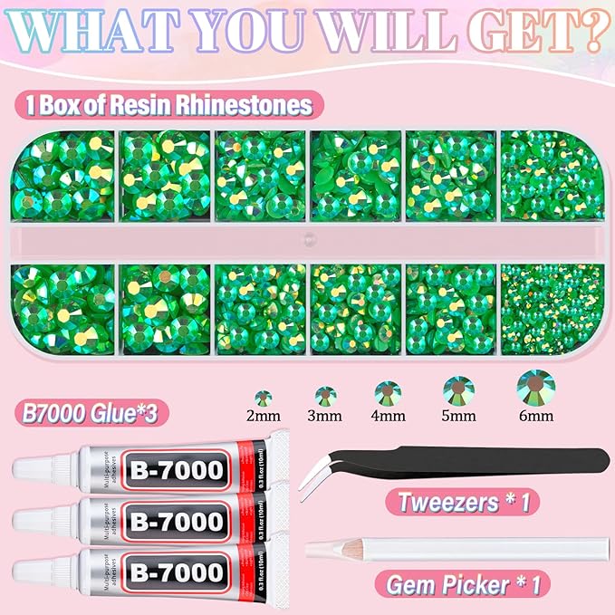 Resin Rhinestones for Crafting with 3Pcs 10ml B7000 Jewelry Glue, 1 Box Dark Green AB Flatback Gems Crystals Diamond for Bedazzling Crafts DIY Nail Art Makeup, Gems for Clothing Tumblers Shoes
