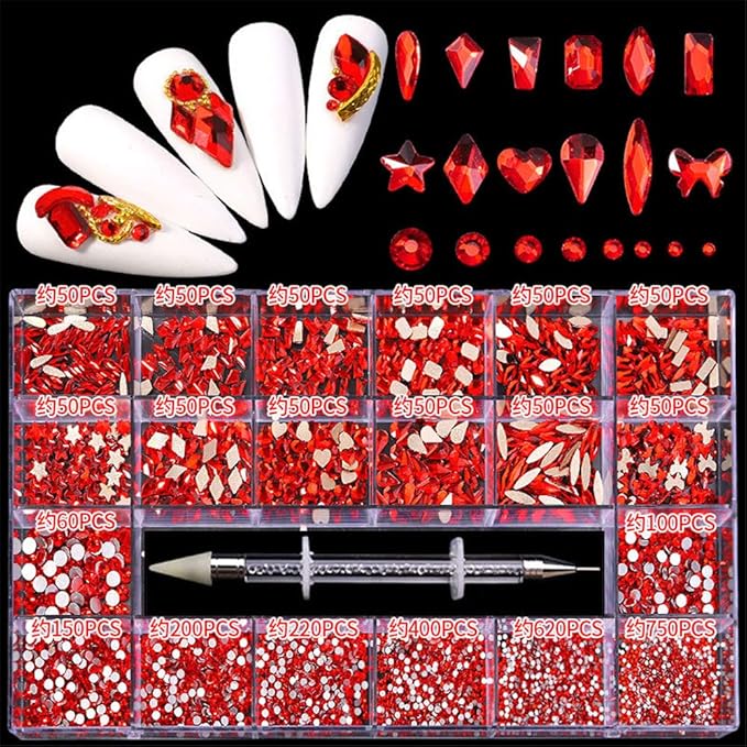 3100Pcs Red Hotfix Rhinestones Mixed Size Crystal Flatback Rhinestones for Crafts Round Glass Gems with Picking Rhinestones Pen, Mix 12 Multi shape Gems Stones Set for Makeup