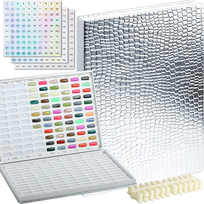 216 Nail Display Book with 240 Nail Tips & 300 Number Labels, Professional Gel Polish Nails Art Design Swatches Book (Silver)
