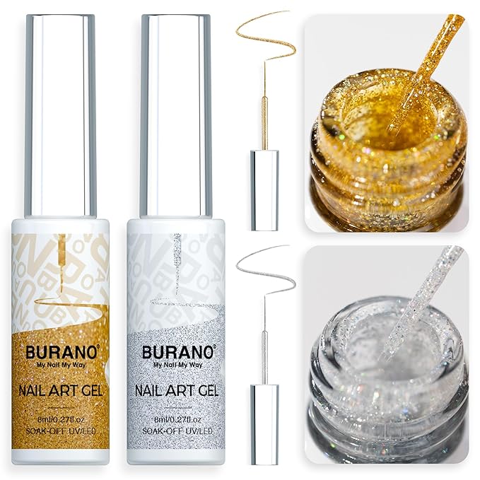 BURANO Gel Nail Polish Liner Nail Art Polish, Silver Gold Painted Gel Nail Design Polish 2 Bottle 8ml, Build in Thin Nail Brush Curing Required LX2 LX8