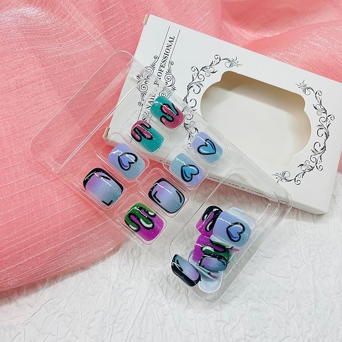 Square Press on Nails Short Fake Nails with Designs Colorful Heart Stick on Nail Black Lines Acrylic False Nail French Glossy Artificial Nail Full Cover Glue on Nails for Women