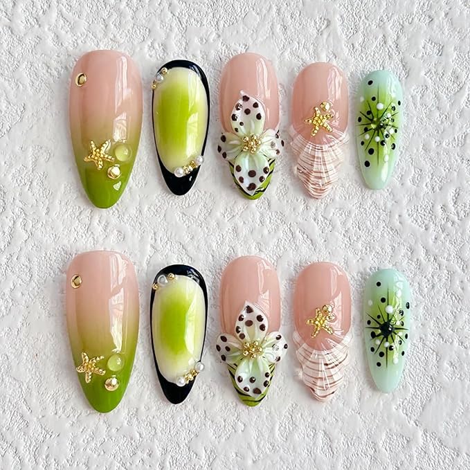 Luxury Press on Nails Medium Almond Handmade 3D Unique Reusable ABS Material Fake Nails Green French Tip False Nails with Designs Starfish Floral Art Petal Glossy Glue on Nails Thick Acrylic Nails(S)