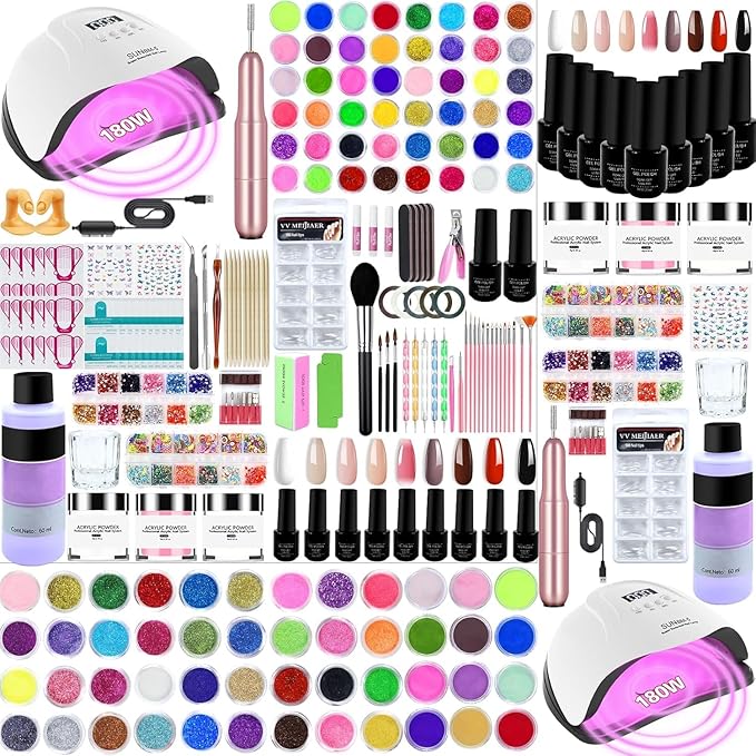 Professional Acrylic Nail Kit for Beginners with Everything Complete Nail Kit Set, Gel Nail Polish Kit,Acrylic Nail Powder with Gel Polish U V Light for Beginners