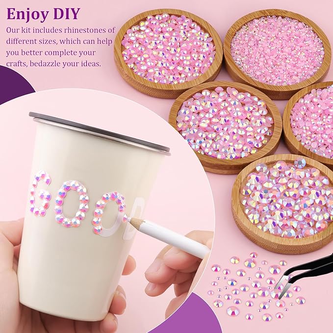 Resin Jelly Rhinestones for Crafting with B7000 Jewelry Glue, 1 Box Light Pink AB Flatback Crystals with 2Pcs 10ml Glue, Bedazzling Non Hotfix Gems for DIY Tumblers Clothing Shoes Manicure