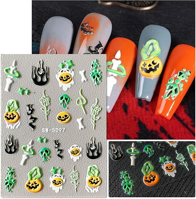 Attractive Designs Halloween Nail Stickers, 5D Embossed Self Adhesive Art Decals,Skull Ghost Spider Webs Pumpkin Bloody Eyes Bat Perfect for DIY Nails Halloween-Themed Party Gift