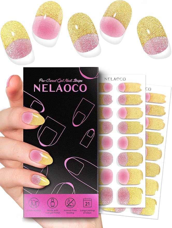 Nail Polish Strips – 32PCS UV Free Salon Quality Wraps, Long Lasting Gel Nail Stickers for Women (Golden Rose)