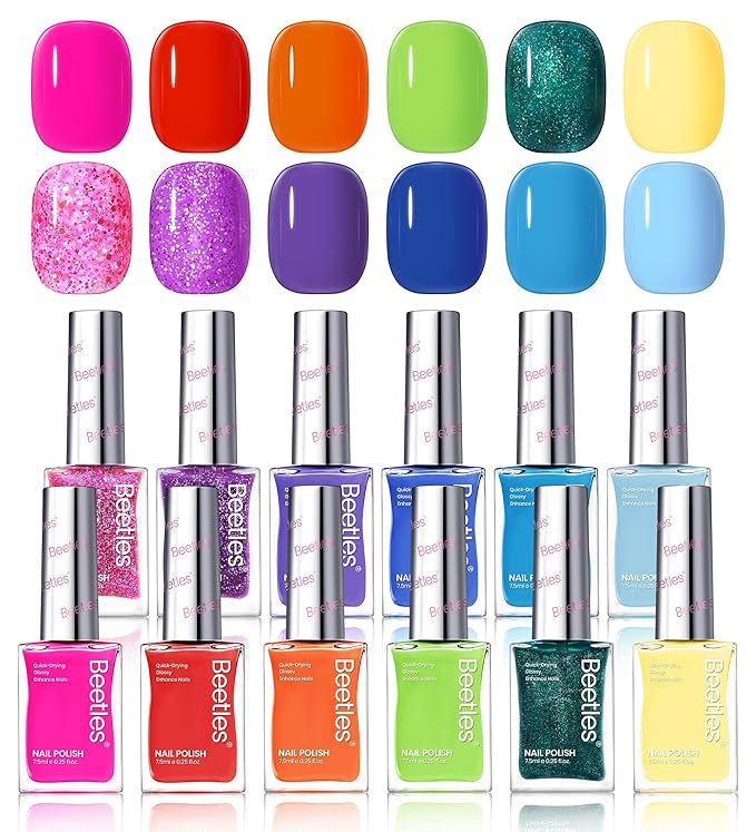 Beetles Quick Dry Neon Nail Polish Set - Glitter Rainbow Nail Polish Set 12 Colors Regular Air Dry Fingernail Polishs Pack for DIY Nail Art Salon Home Women Valentine Gift
