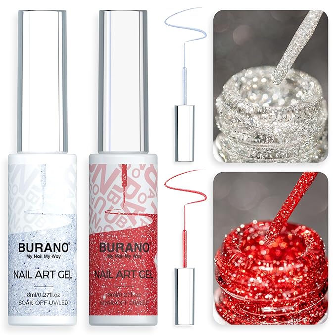 BURANO Gel Nail Polish Liner Nail Art Polish, Silver Gold Painted Gel Nail Design Polish 2 Bottle 8ml, Build in Thin Nail Brush Curing Required LX13 LX18
