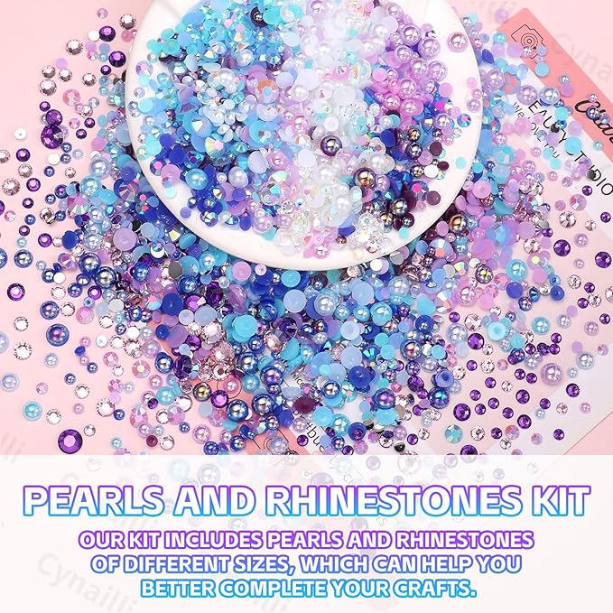 15 Grids Pearls and Resin Rhinestones for Crafting, Purple Blue White Bedazzling Gems Kit, Jelly Resin Rhinestones for Nails Face Eyes Makeup Crafts Tumblers Bottles