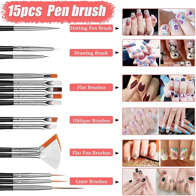 Nail Art Design Tools - 3D Decorations Kit with Brushes, Dotting Tools, Holographic Stickers, Nail Foil Tape, Rhinestones and Pick-Up Tweezers