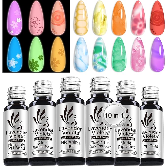 Lavender Violets 6pcs Gel Base and Top Coat Set - Blooming Gel, Glow in the Dark Top Coat, Glossy & Matte Coats, 5 in 1 Builder Base, Non-Acid PH Bond Clear Nail Polish Kit for Manicure C201