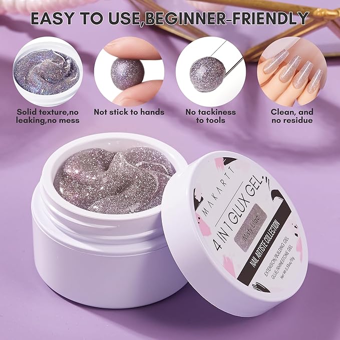 Makartt 3D Gel Nail Art: Solid Builder Nail Gel, Non-stick to Hands Extension, UV Glue for Acrylic Tips Rhinestones Adhesives 4 in 1 Hard Gels Molding for Nails UV/LED Lamp Required 15ML Misty Lilac