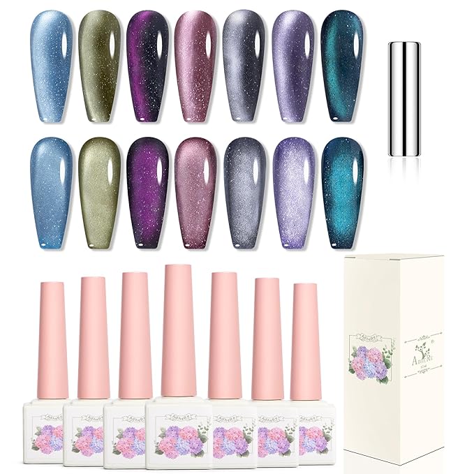 Adhere 7Pcs 12ML Cat Eye Gel Nail Polish Set, Multi Colorful Light Reflective Glitter Cat Eye, Sparkling Diamond Magnetic Shine Pearl Color Dark Cat Eye with Magnet