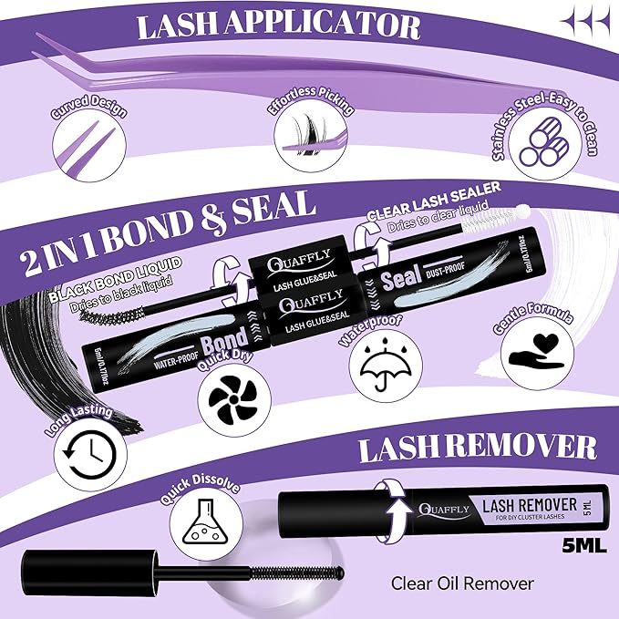 Lash Clusters Kit Multiple Styles Mixed Length Eyelash Set Includes 2 Lash Bond and Seal & 2 Lash Remover 1 Tweezers For DIY Lash Extensions Kit At Home