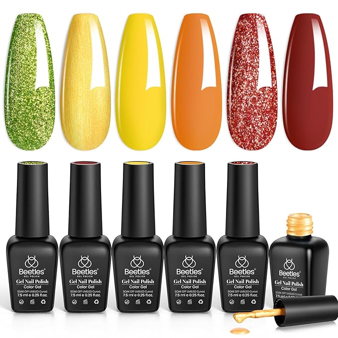 beetles Gel Polish Set - Autumn Realm Collection, Green Glitter Burgundy Gel Polish Golden Shimmer Nails Kit DIY Nail Art Soak Off UV Led Gifts for Women