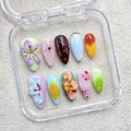 Handmade Press on Nails Medium Almond Thick Acrylic Nails with Glue,Tropical Flower Art Fake Nails with Water Droplet Pattern Designs Nature Stick on Nail False Nails for Wome (Size M)