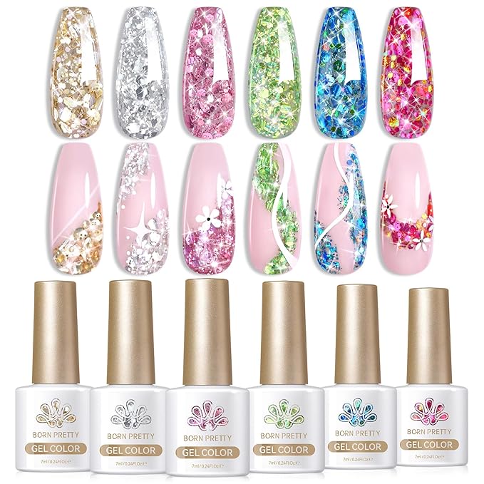 Born Pretty Glitter Gel Nail Polish with Sequins, 6 Pcs Gold Silver Purple Green Blue Hot Pink Long Lasting Sparkly Shiny U V Gel Polish Set for Manicure and Nail Art, DIY at Home, Salon-Quality 7ml