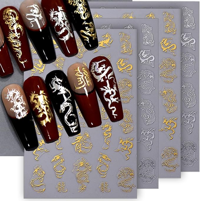 3D Gold Silver Dragon Nail Art Stickers for Designs - Bronzing Metallic Decals - Chinese Dragons Nail Supplies