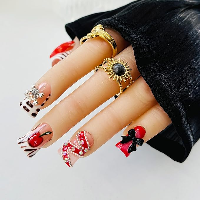 10pcs Handmade Press on Nails for Women - Medium Duck Curve 3D Thick Acrylic Fake Nails Reusable,Designer Floral Butterfly Rhinestones Bling Boho Funky Y2k Nail-art Set,S,red lips