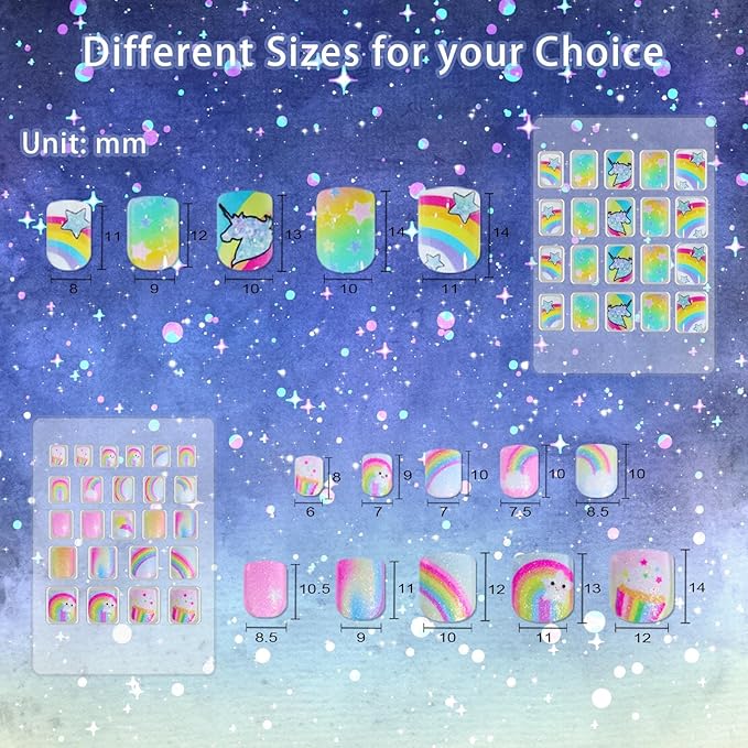 SIUSIO 132 Pcs 6Pack Kids Press on Nails Children Acrylic Fake Nails Cute Pre-glue Full Cover Glitter Gradient Color Rainbow Short Stick On False Nail Art Kits Set for Kids Little Girls - Spendid Pony