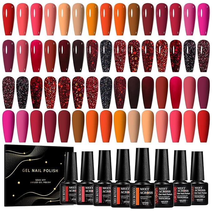 MEET ACROSS 30 PCS Red Gel Nail Polish Set, Burgundy Gel Kit Glitter Nail Polish Soak Off Rose Dark Red Shimmer DIY Home Salon Manicure Gifts for Women Girls
