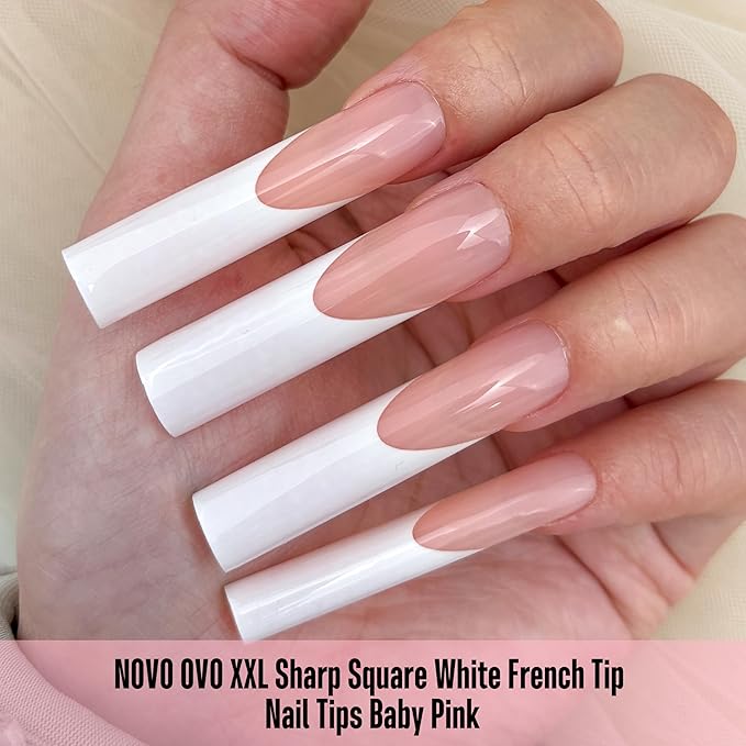 NOVO OVO XXL Sharp Square Nail Tips Pre-Designed White French Tip - 150Pcs Soft Gel Nail Tips Baby Pink Base, Full Cover False Nails 15 Sizes for DIY Acrylic Extension & Salon Supply (No C Curve Fit)