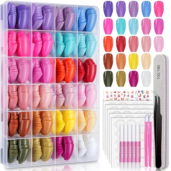 720 pcs Coffin Press On Nails, TsMADDTs 24 Colors Acrylic Medium Short Ballerina False Nails Tips with Glue, File, Tabs, Stickers and Tweezer for Art DIY