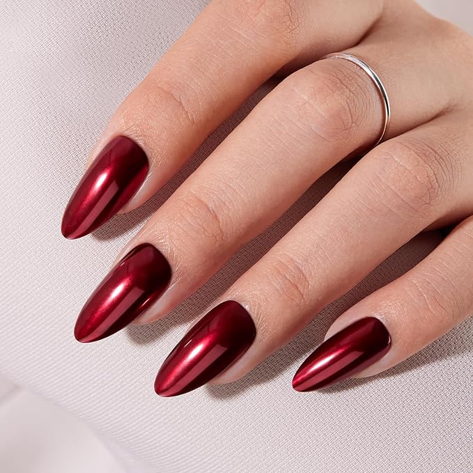 VSALON Press On Nails Almond, 32 Pcs 16 Sizes Red Press On Burgundy Chrome Metallic Medium Fake Nails With Glue & Cuticle Oil, Reusable Stick On Nails False Nails Kit