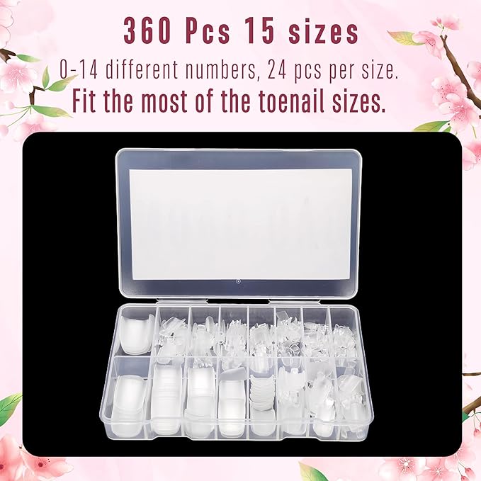 NOVO OVO Long Square Toe Nail Tips Press on Full Cover, Extra Wide Clear Toenails Kit, Pre-shaped Double MatteToenails For Women Men Big Toe Long Nail Beds x 15 Sizes 360 Pcs up to 12 Pedicures