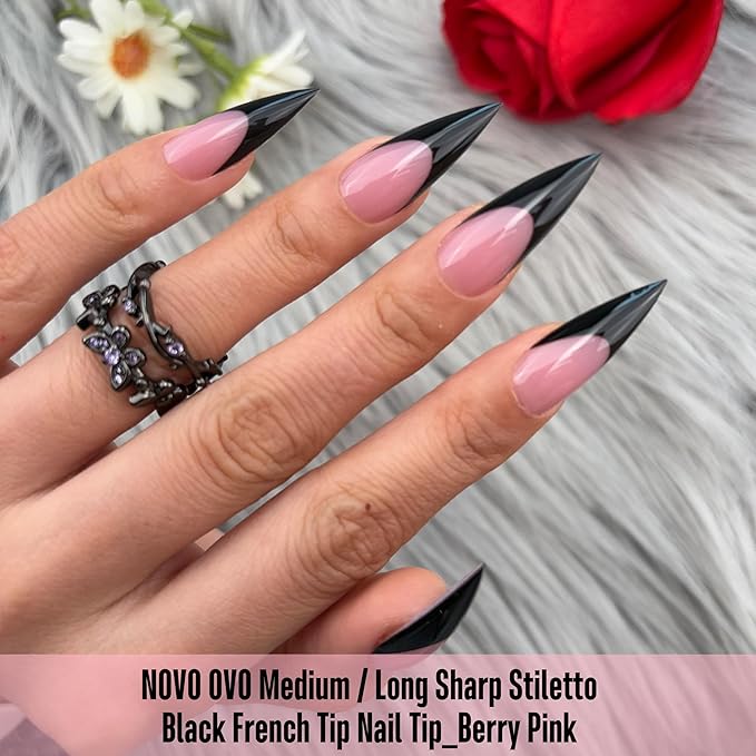 NOVO OVO Black French Tip Sharp Stiletto Pointed Medium Long Nail Tips Press on Berry Pink, Soft Gel Fake Acrylic Extension, Full Cover False Nails for Salon DIY x 16 Sizes 160 pcs