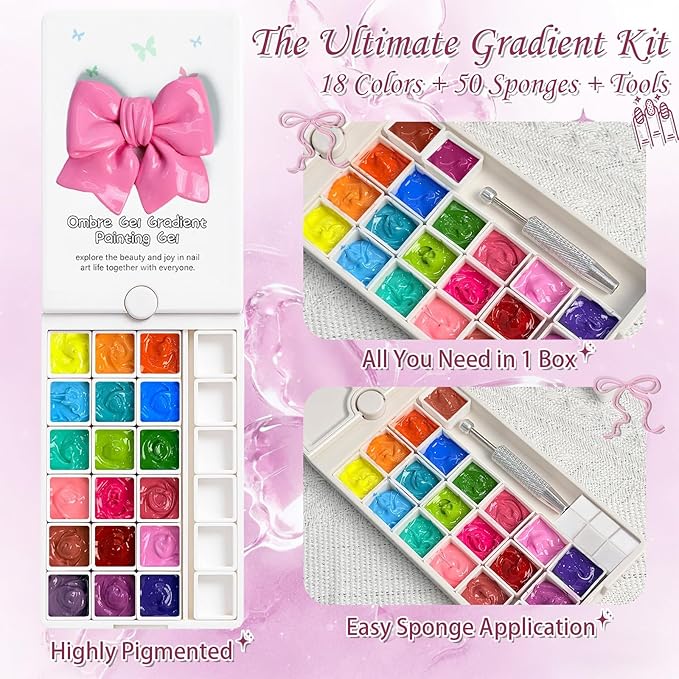 18 Colors Patting Gel Polish & Tools Kit - Pat Pat Gel Polish Palette for Ombre Nails，UV/LED Cured Gradient Blooming Manicure Kit DIY with Nail Sponges & Tools