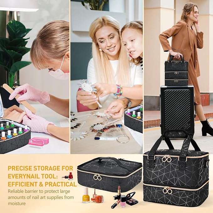 Large Nail Polish Organizer Bag Holds 84 Bottles Nail Polish and a Nail Lamp, PU Leather Nail Kit Storage Carrying Case, Removable Portable Travel Nail Art Tool Storage