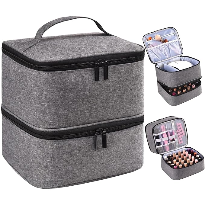 Nail Polish Organizer, Nail Polish Storage Holds 30 Bottles & Nail Lamp, Double Layer Nail Bag Organizer Case, Portable Nail Polish Holder for Nail Tech Travel & Manicure Kit