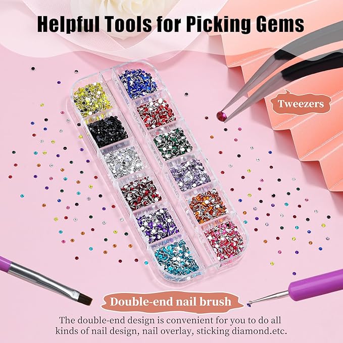 4000pcs 2mm Flatback Nail Art Rhinestones, Resin 3D Sparkling Nails Crystal Diamonds Gems Mini Charms with Tweezers and Dual-end Brush for Nail Art, Crafts Artwork DIY, Face Makeup Gems Jewels (6-K1)