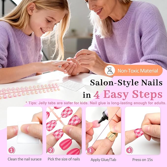 16 Sizes 128 Pieces Press on Nails for Kids, 4 pack Kids Nail Kit Colorful Flower Almond Fake Nail Tips for Girls 8-12 Years Old with Jelly Nail Adhesives & Nail Glue Birthday Gifts Easter