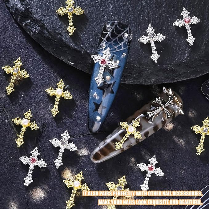 3D Cross Nail Charms, 40 Pcs Gold Silver Crystal Cross Decorations for Nail Art for DIY Design and Jewelry Making (Pearl+ Rhinestones)
