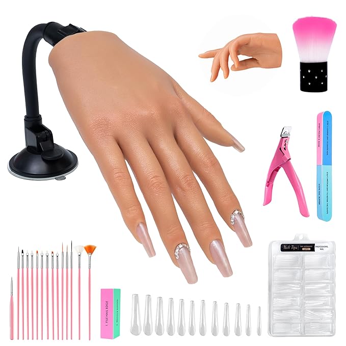 Practice Hand for Acrylic Nails,Realistic Silicone Mannequin Hand with Flexible Fingers for Acrylic Nails, Gel Polish Training, Complete Nail Art Beginner Set with Brush & File