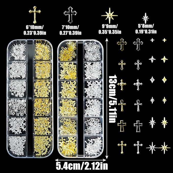Gold Silver 3D Nail Charms, 2Boxes 24Grids Bow Star Nail Gems Nail Studs,Punk Metal Alloy Rivet Stickers Bowknot Nail Art Decorations Accessories for Nail Art Design DIY Crafts (Gold Silver D)