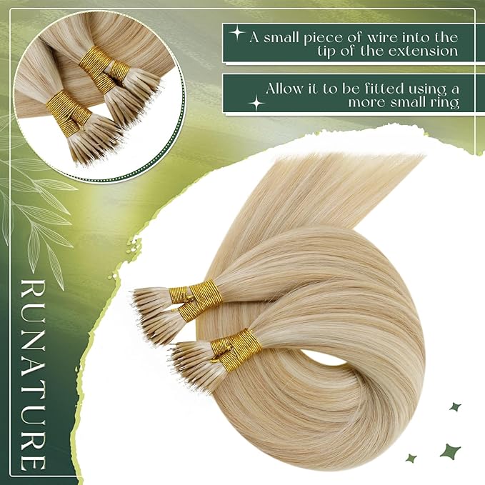RUNATURE Nano Human Hair Extensions,Highlight Honey Blonde Nano Ring Hair Extensions Real Human Hair Blonde 16 Inch 50 Gram