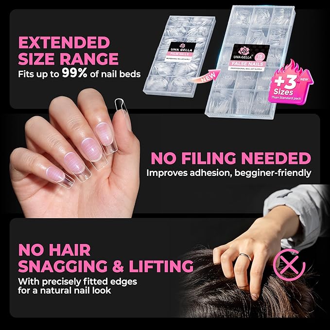UNA GELLA Nail Tips Medium Square 510Pcs 15 Sizes - No File Needed Pre-Buffed Square Soft Gel Fake Nail Tips Clear Full Cover False Nails Soak Off Acrylic Nail Extensions for DIY Nail Art Salon