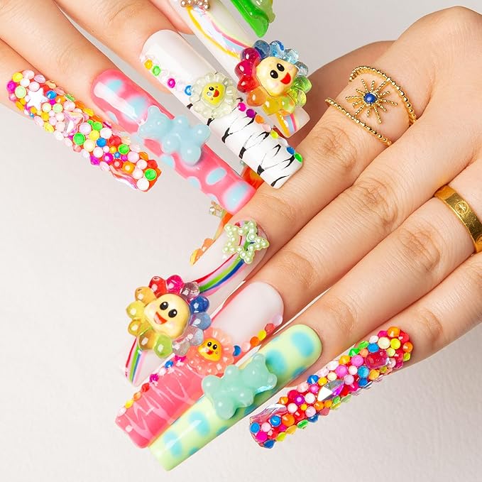LOVFUL Handmade Press on Nails with Lovkashi Flower Design | Colorful Acrylic Stick On Nails | Reusable Full Cover Nails| Square Long 2.2 in | H65-L