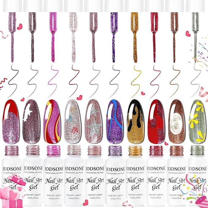 JODSONE Nail Art Gel Liner Set 10 Colors Glitter Purple Gold Green Gel Nail Polish Need U V Lamp Cured with Thin Brush at Home Salon Design,Valentines Gifts for Women
